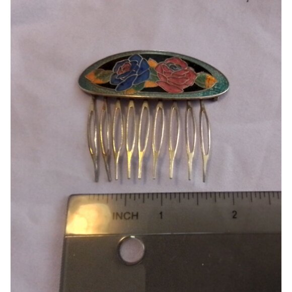 Vintage Cloissone Metal Hair Comb with Enamel Rose Floral Design Gold-Tone - Picture 2 of 3